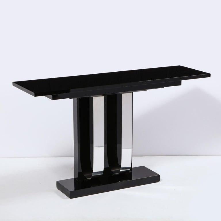 Art Deco Skyscraper Style Streamlined Lacquer & Chrome Console Table 3