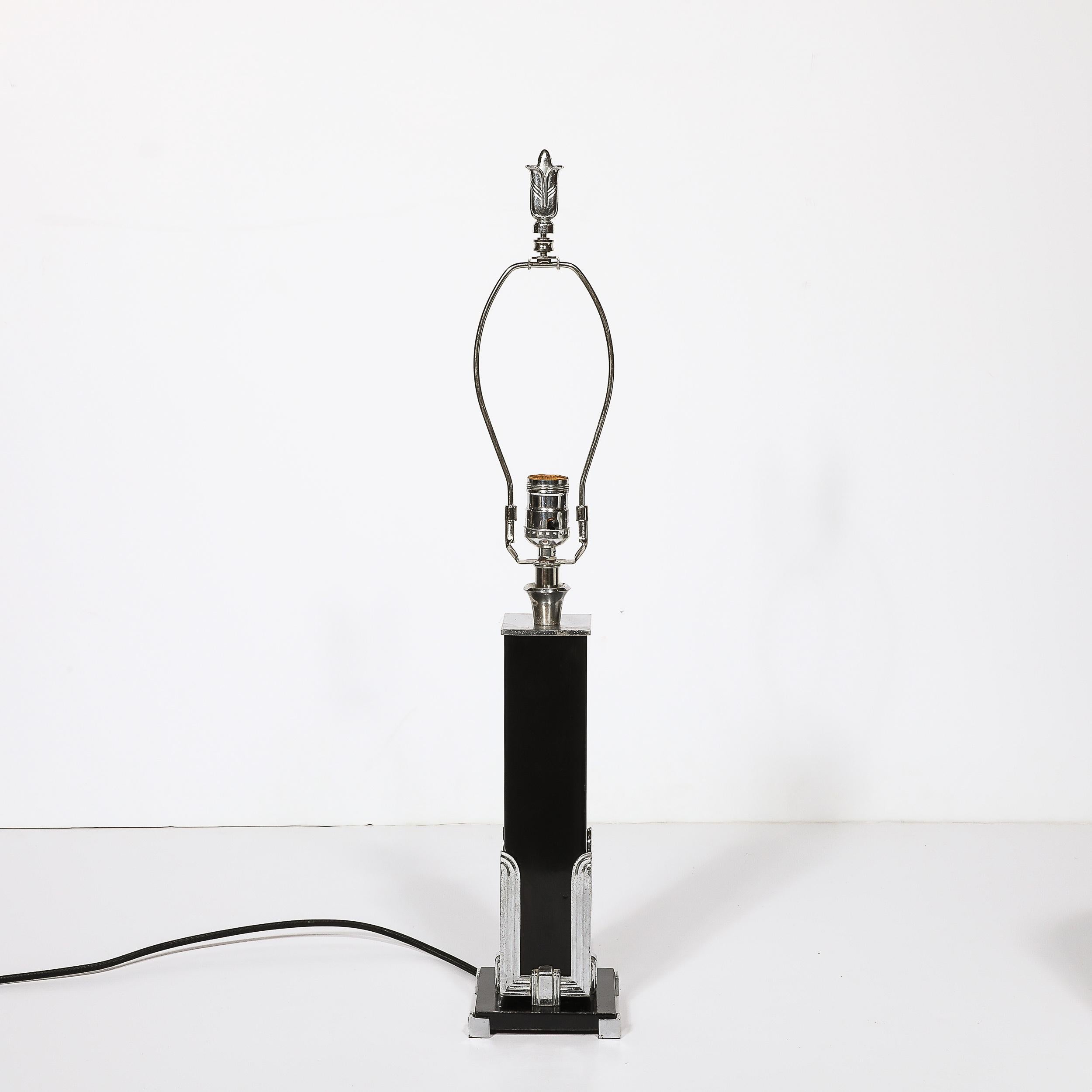 Art Deco Skyscraper Style Table Lamp in Black Enamel & Chrome Fittings In Excellent Condition For Sale In New York, NY