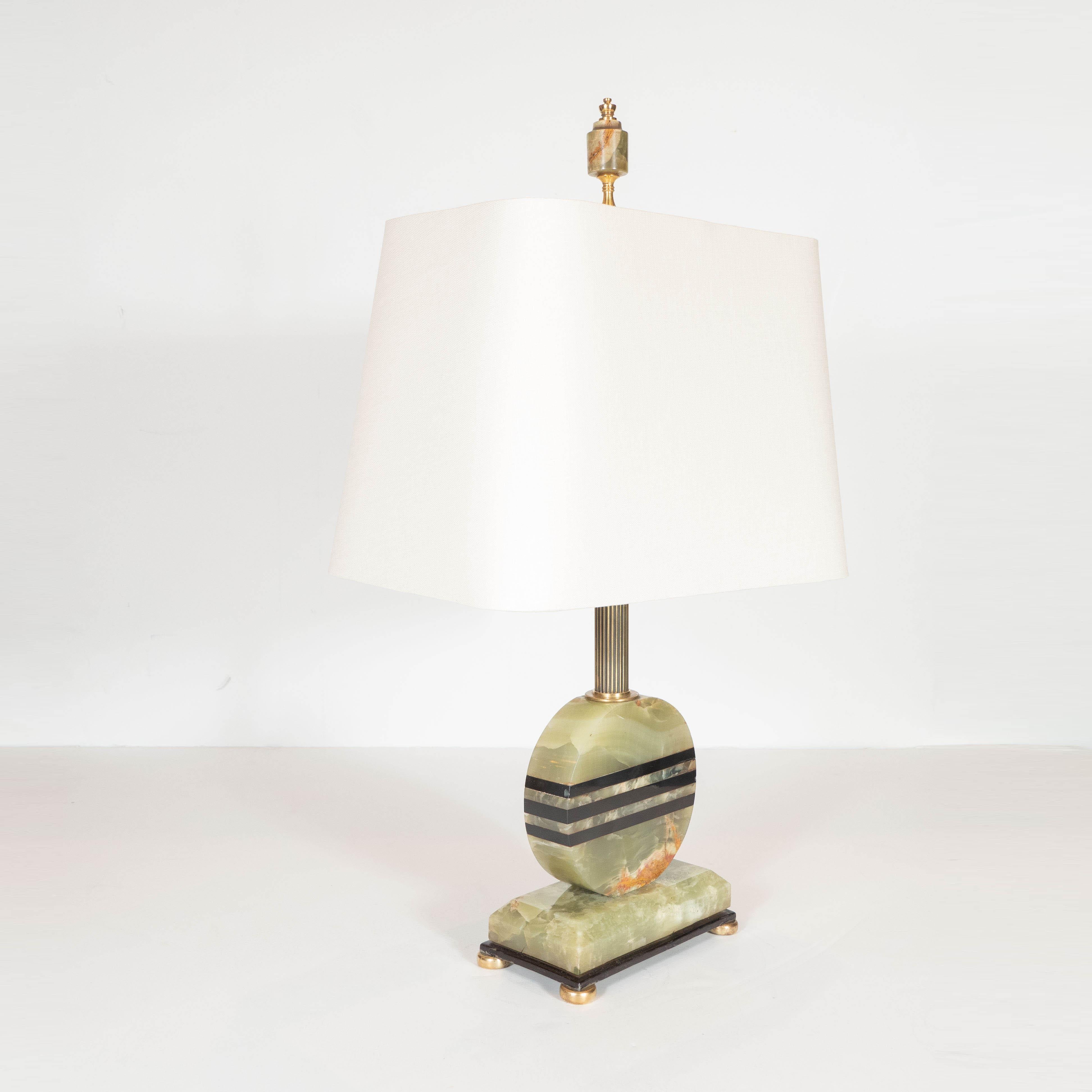 Mid-20th Century Art Deco Skyscraper Style Table Lamp in Black and Green Onyx and Gilded Bronze