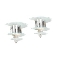 Art Deco Skyscraper Style Three-Tier Frosted Glass and Polished Aluminum Sconces
