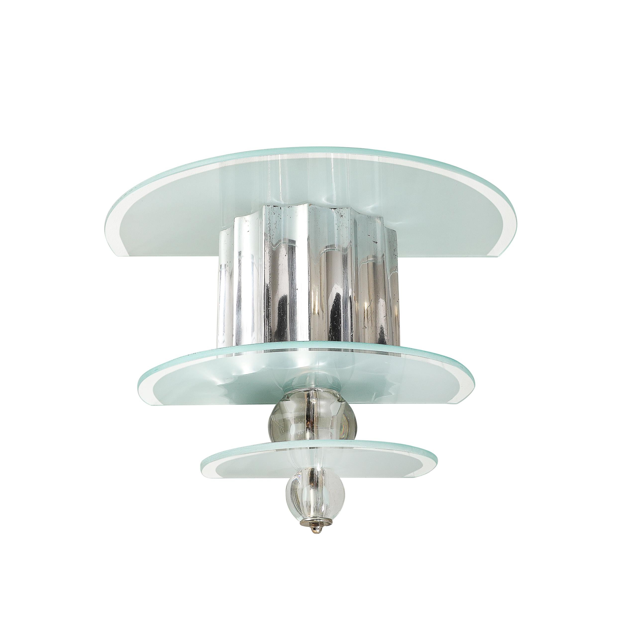 Satinato Applique a tre piani in vetro smerigliato e alluminio lucido in stile Art Déco Skyscraper in vendita