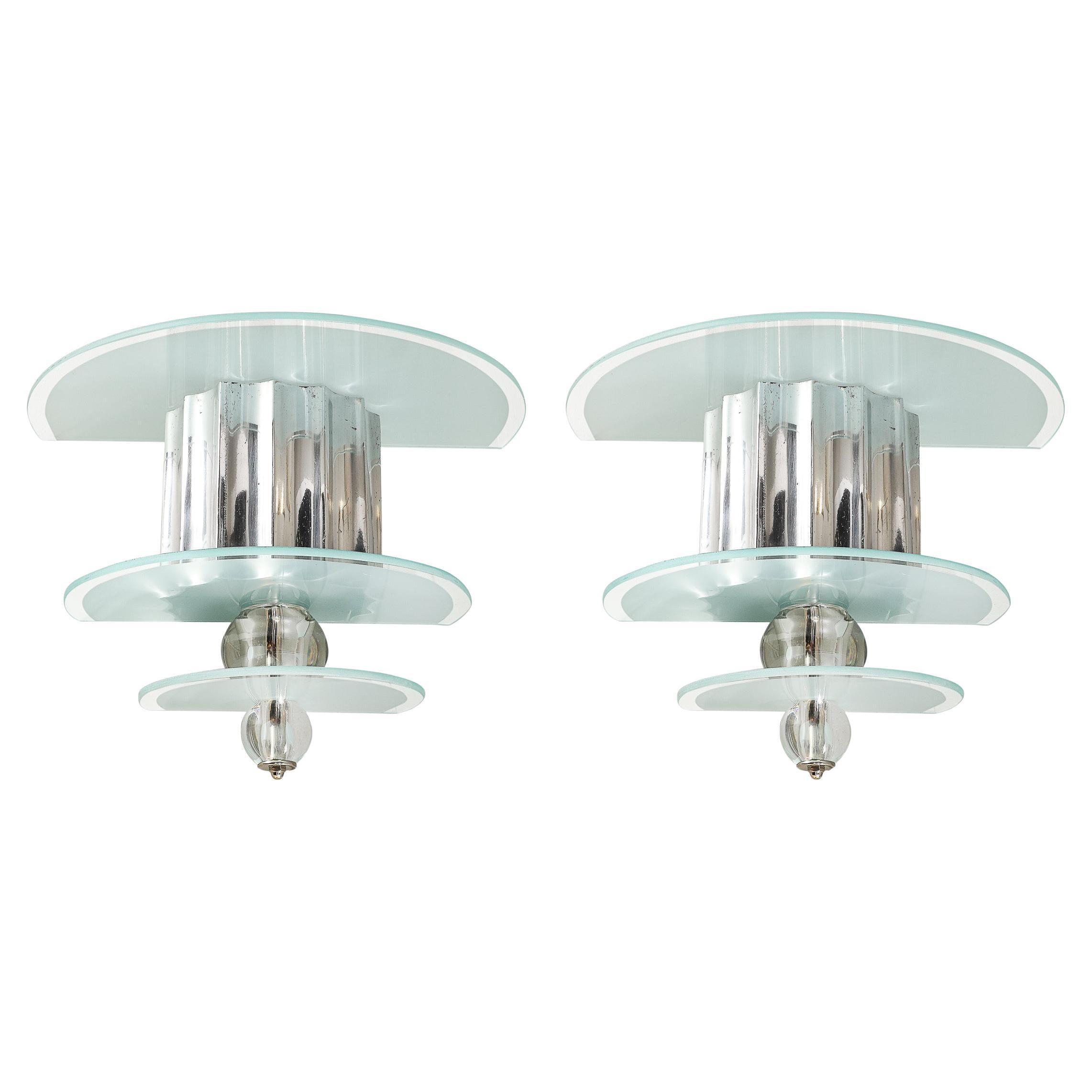 Art Deco Skyscraper Style Three-Tier Frosted Glass and Polished Aluminum Sconces