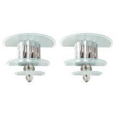 Art Deco Skyscraper Style Three-Tier Frosted Glass and Polished Aluminum Sconces