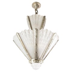 Art Deco Skyscraper Style Two Tier Frosted Glass and Nickeled Bronze Chandelier