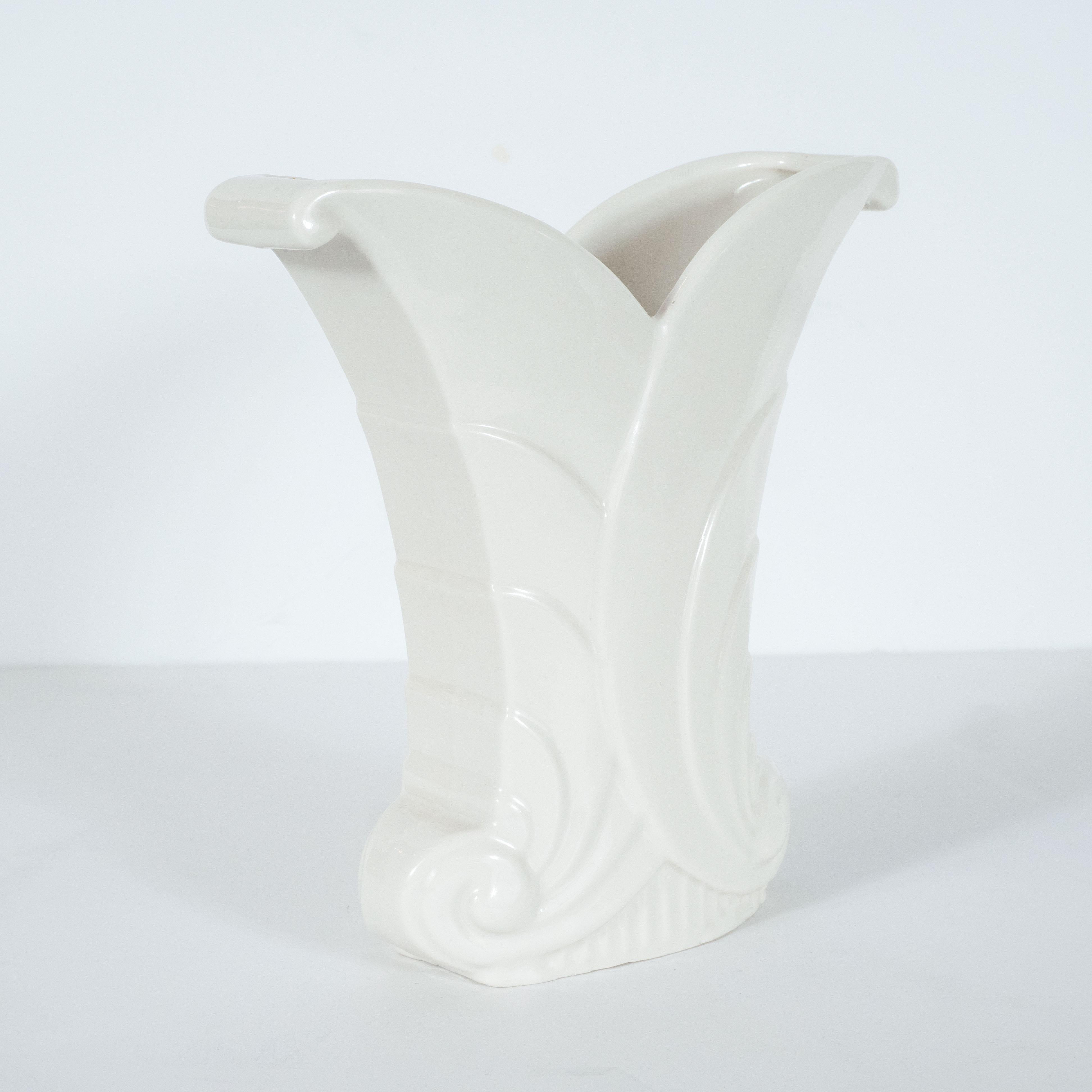 American Art Deco Skyscraper Style White Porcelain Scroll Form Vase by Abingdon For Sale