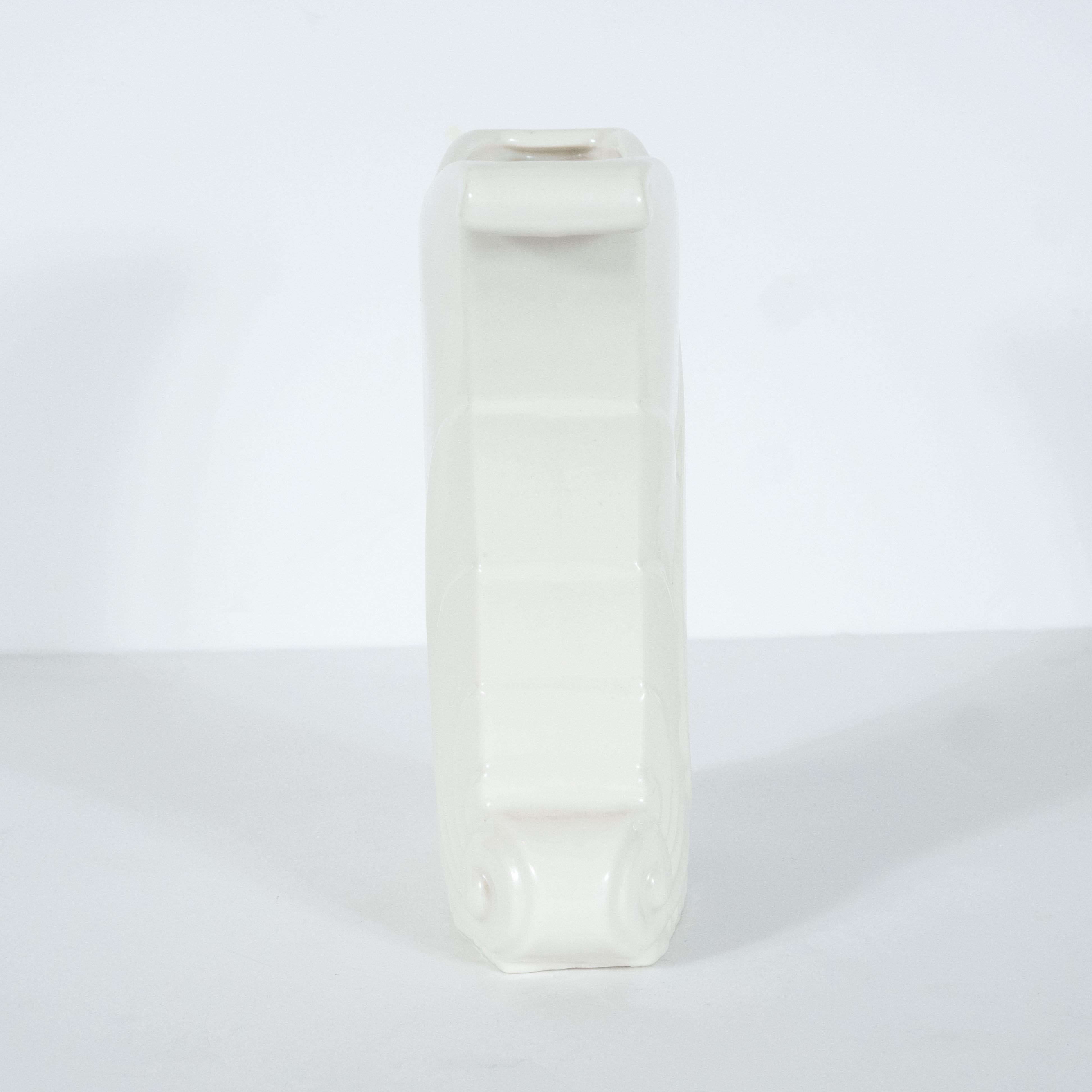 Art Deco Skyscraper Style White Porcelain Scroll Form Vase by Abingdon In Excellent Condition For Sale In New York, NY