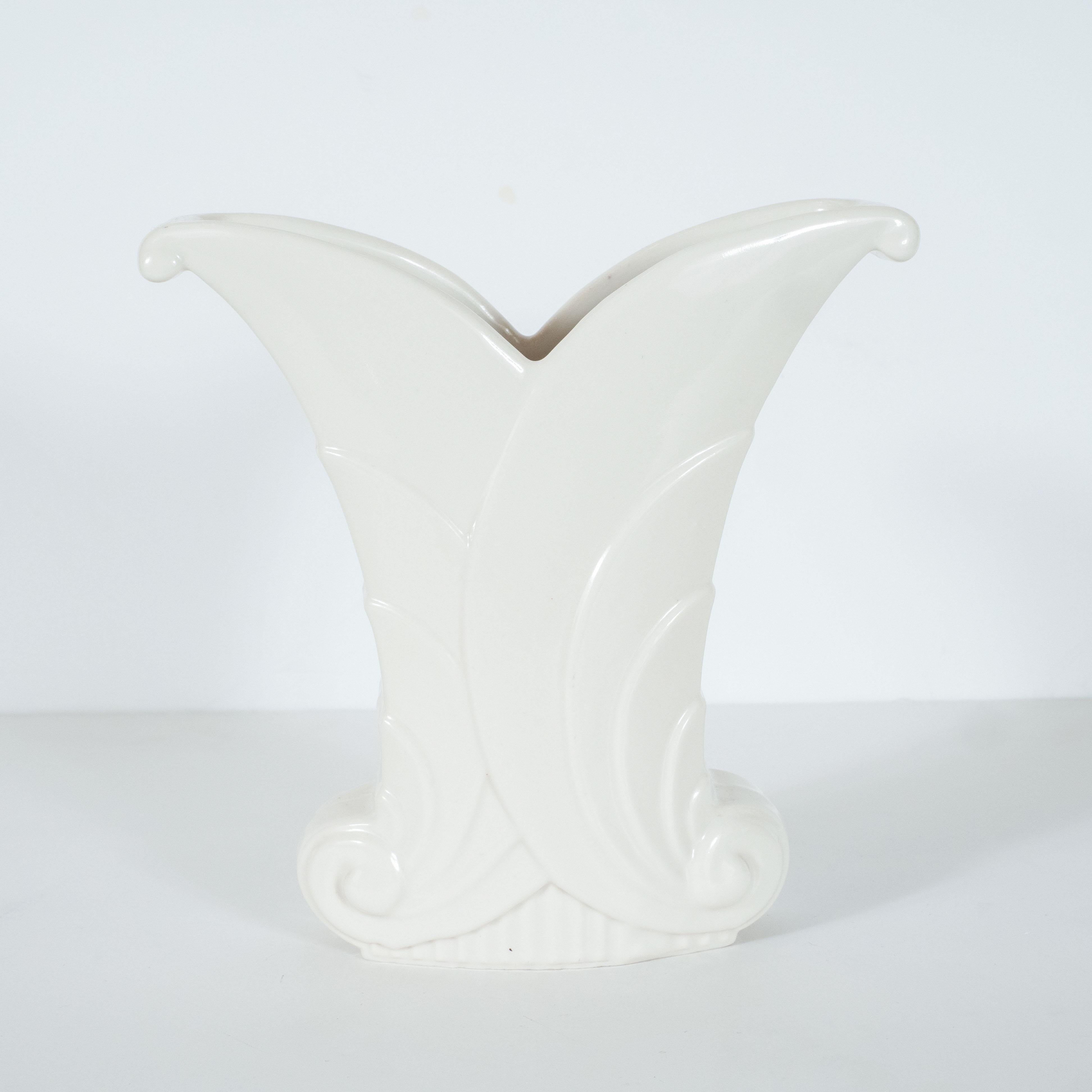 Mid-20th Century Art Deco Skyscraper Style White Porcelain Scroll Form Vase by Abingdon For Sale