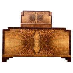 Art Deco Skyscraper Walnut & Macassar Double Bed, English, 1930's