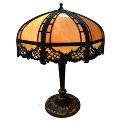 Antique Art Deco Slag Glass Brass Table Lamp by Pittsburg Brass and Glass Company