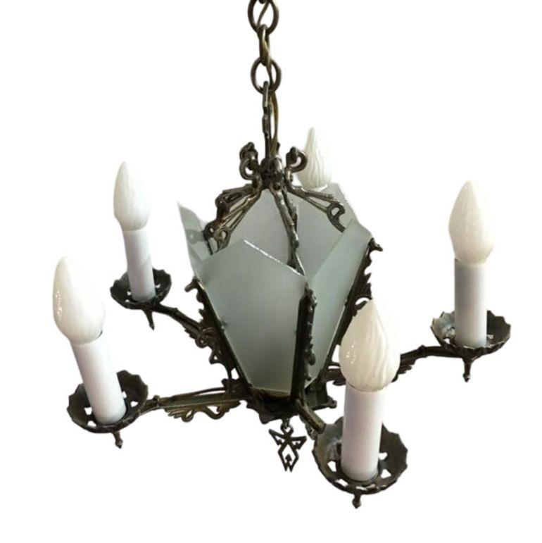 American Art Deco Slat Glass Chandelier With Geometric Details For Sale