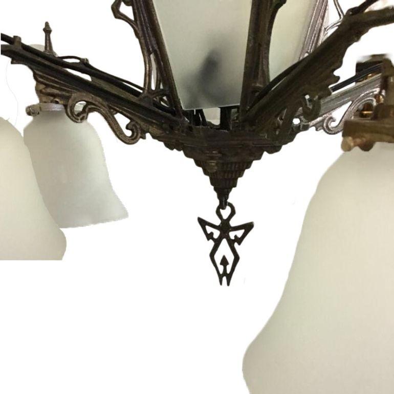 Art Deco Slat Glass Hanging Light Chandelier With Geometric Details For Sale 5