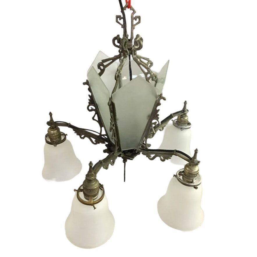 American Art Deco Slat Glass Hanging Light Chandelier With Geometric Details For Sale
