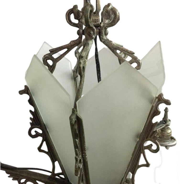 Early 20th Century Art Deco Slat Glass Hanging Light Chandelier With Geometric Details For Sale