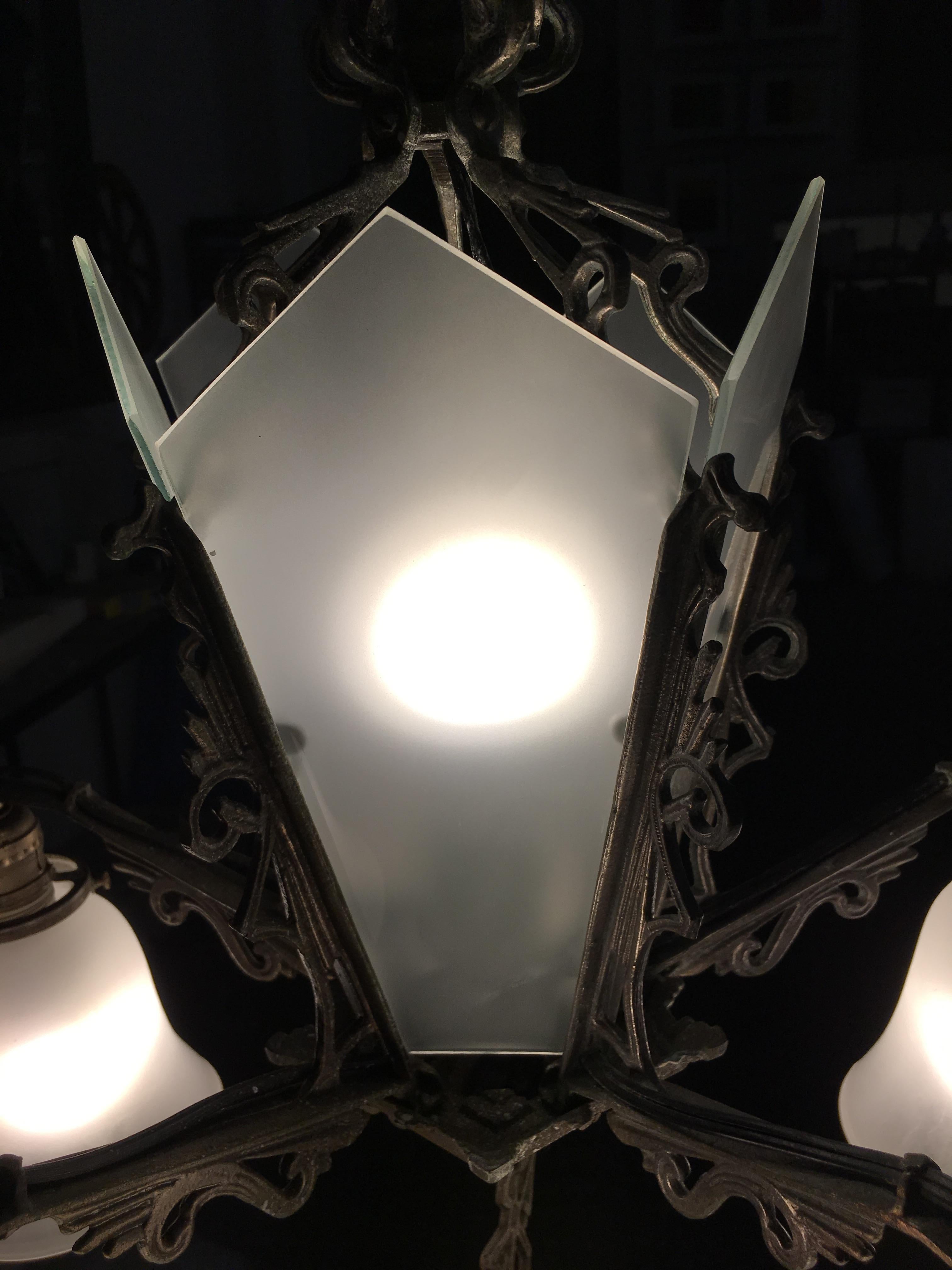 Metal Art Deco Slat Glass Hanging Light Chandelier with Geometric Details