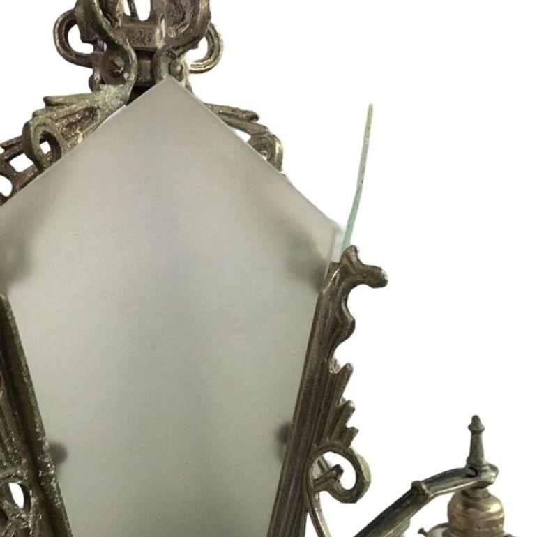 Metal Art Deco Slat Glass Hanging Light Chandelier With Geometric Details For Sale