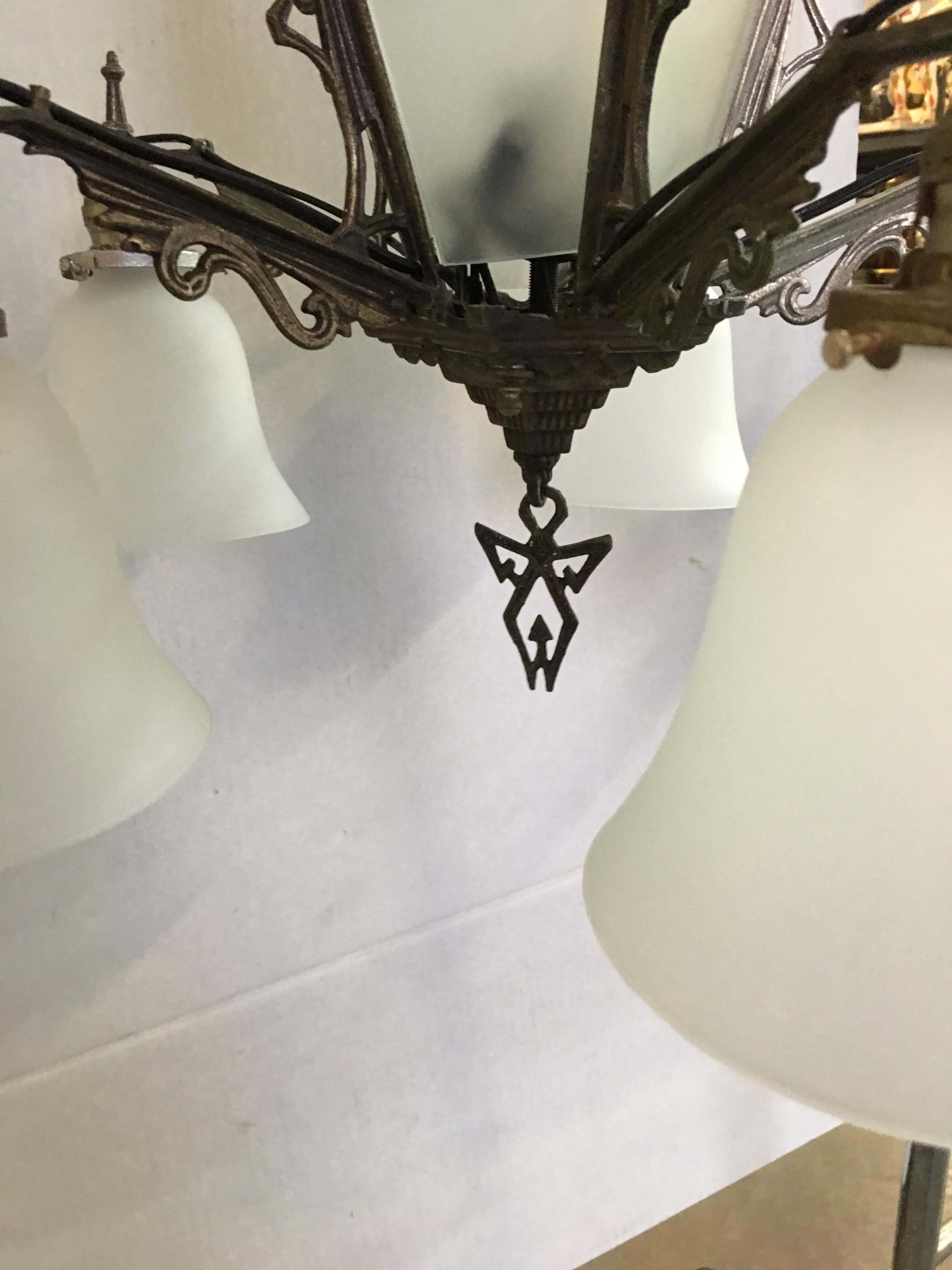 Art Deco Slat Glass Hanging Light Chandelier with Geometric Details 1