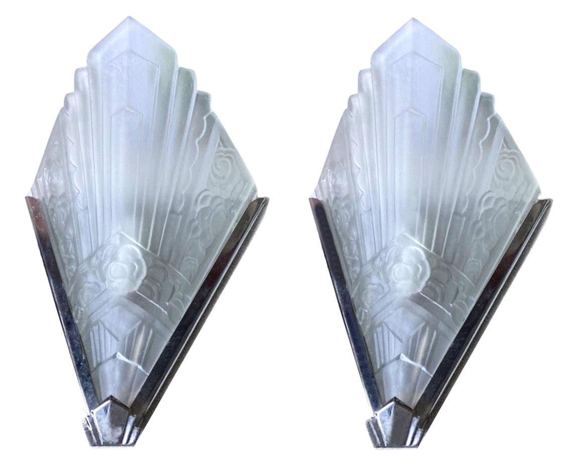 Art Deco Slip Shade Pair of Glass & Chrome Wall Light Sconces, c1930 9