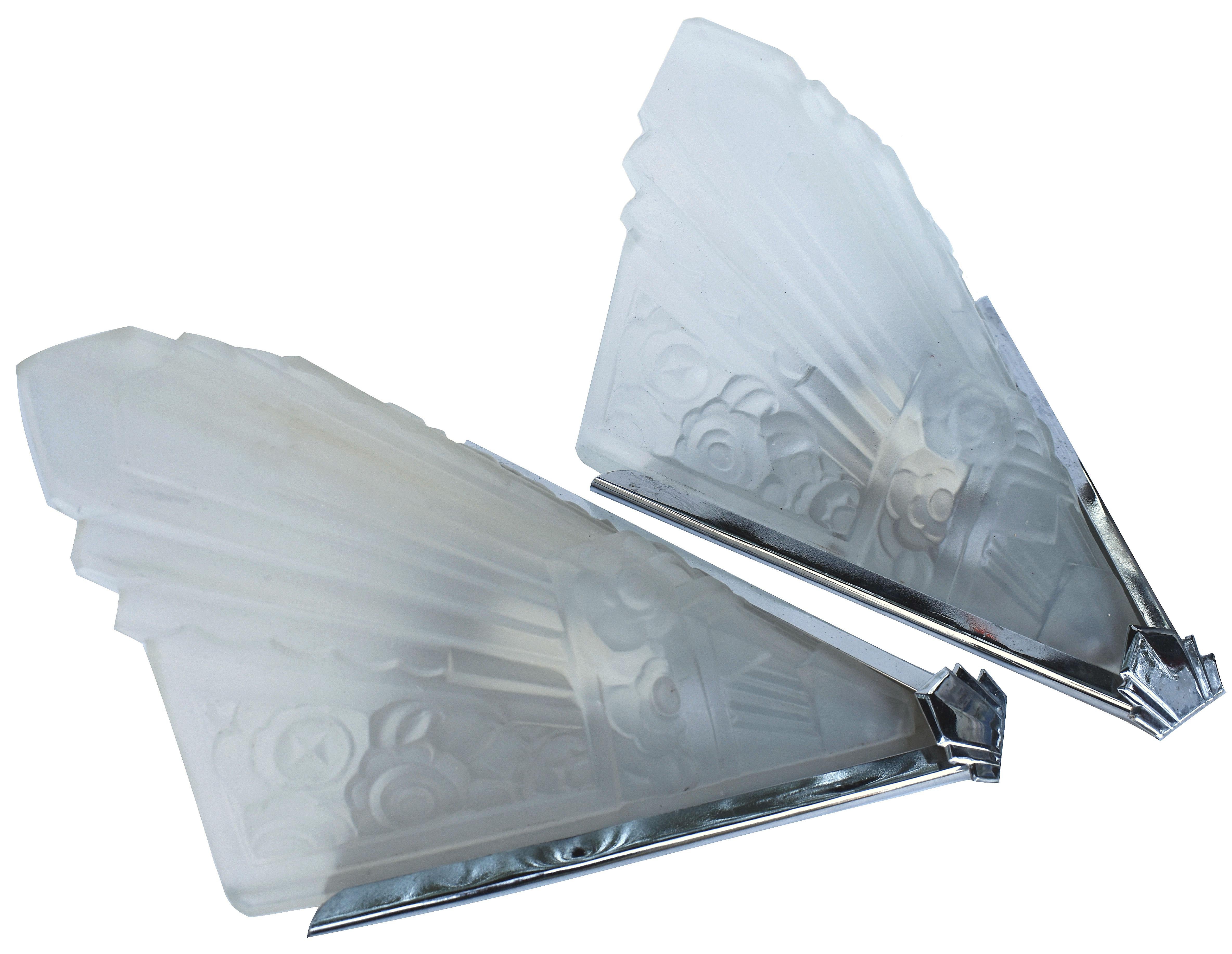 20th Century Art Deco Slip Shade Pair of Glass & Chrome Wall Light Sconces, c1930