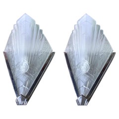 Art Deco Slip Shade Pair of Glass & Chrome Wall Light Sconces, c1930