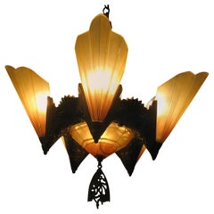 Art Deco Slip Shade Amber Six-Light Chandelier