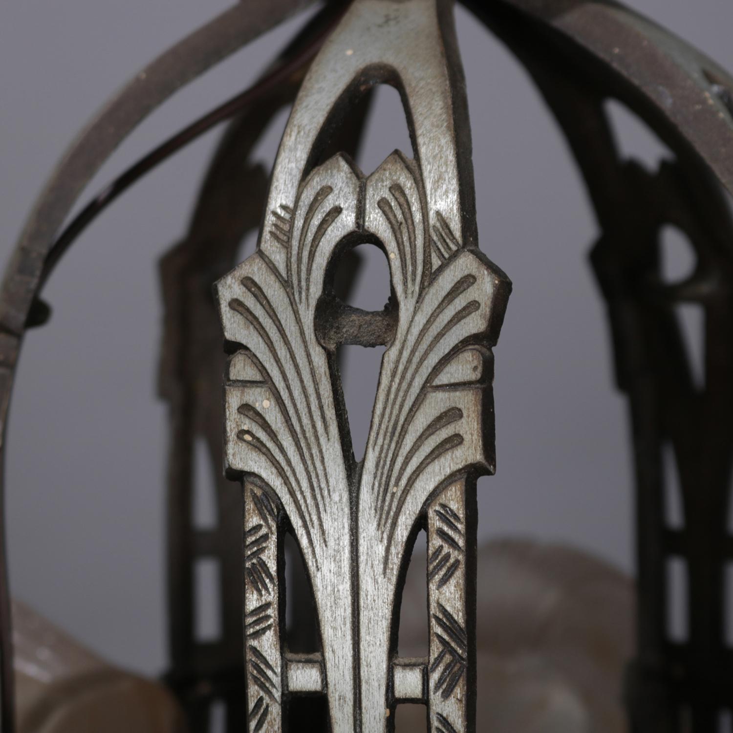 American Art Deco Slip Shade Stylized Foliate 5-Light Chandelier, circa 1930