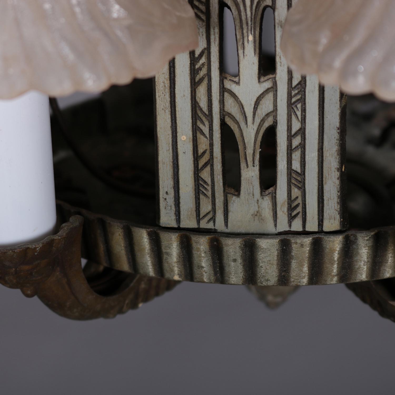 Cast Art Deco Slip Shade Stylized Foliate 5-Light Chandelier, circa 1930