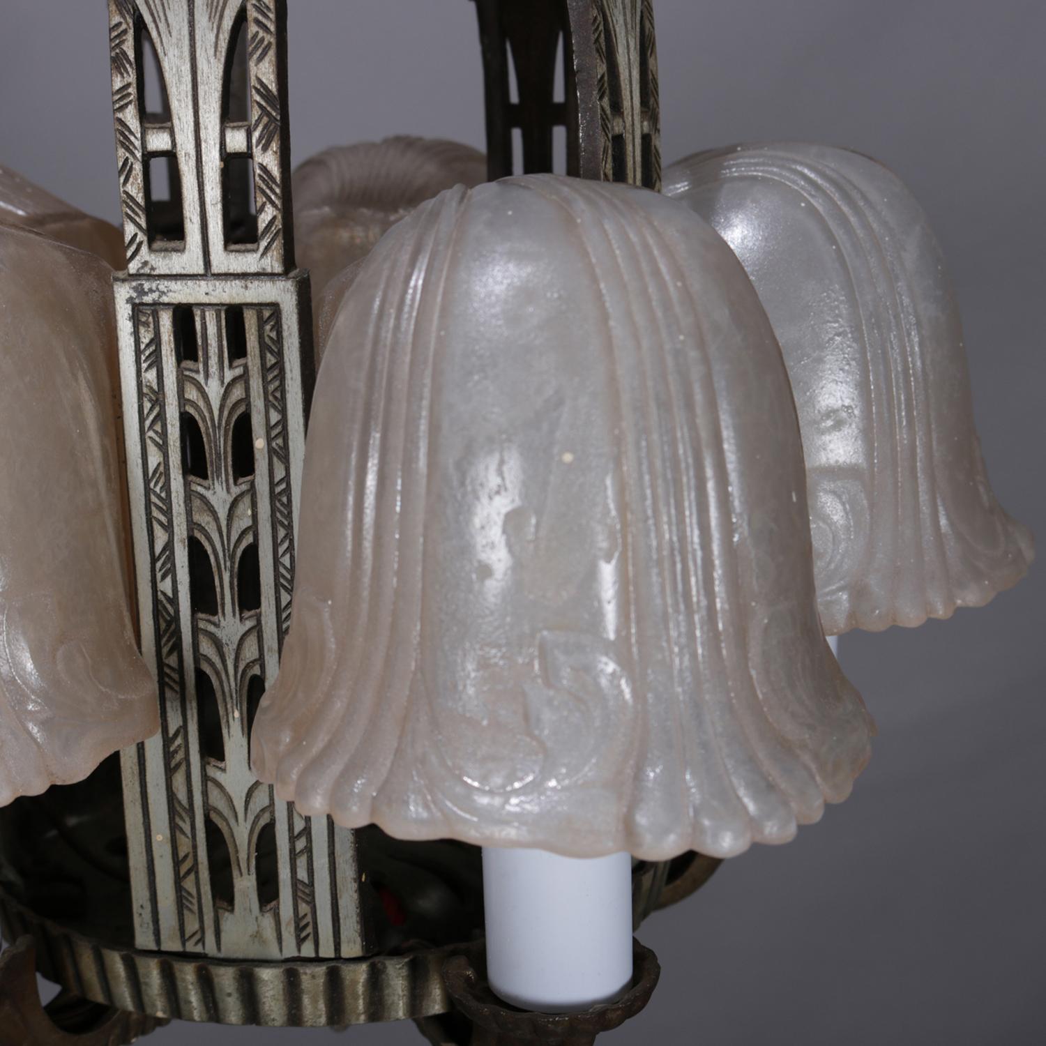 Art Deco Slip Shade Stylized Foliate 5-Light Chandelier, circa 1930 In Good Condition In Big Flats, NY