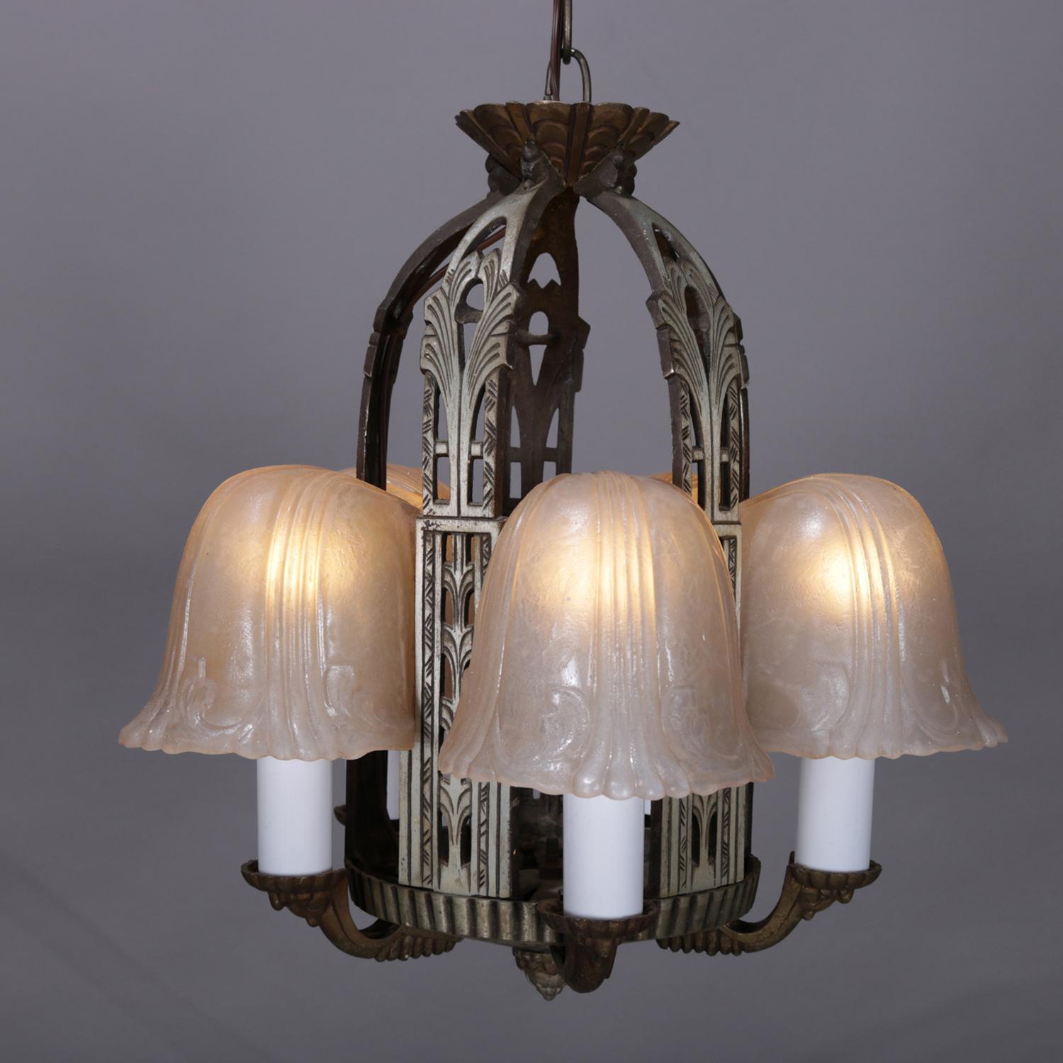 20th Century Art Deco Slip Shade Stylized Foliate 5-Light Chandelier, circa 1930