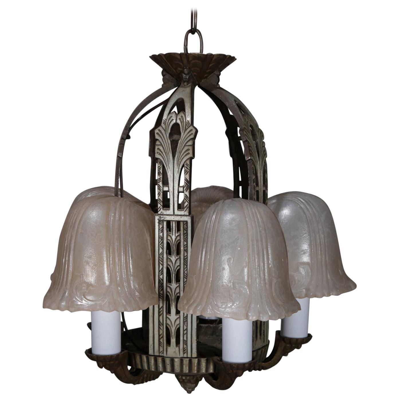 Art Deco Slip Shade Stylized Foliate 5-Light Chandelier, circa 1930