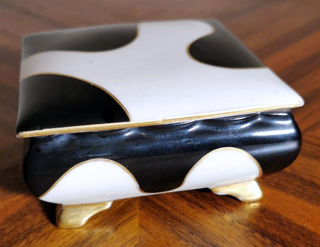 Hand-Painted Art Deco Small Black and White German Porcelain Box