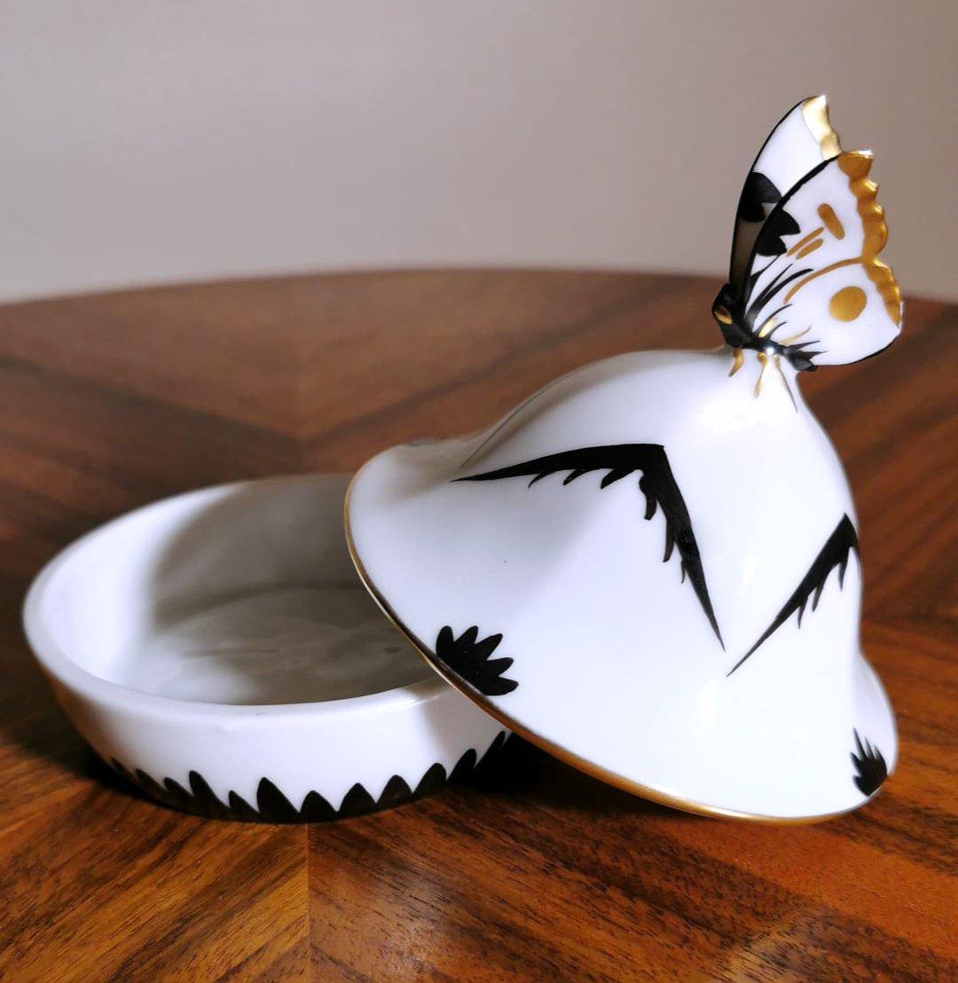 Art Deco Small Black and White German Porcelain Box with Butterfly 1