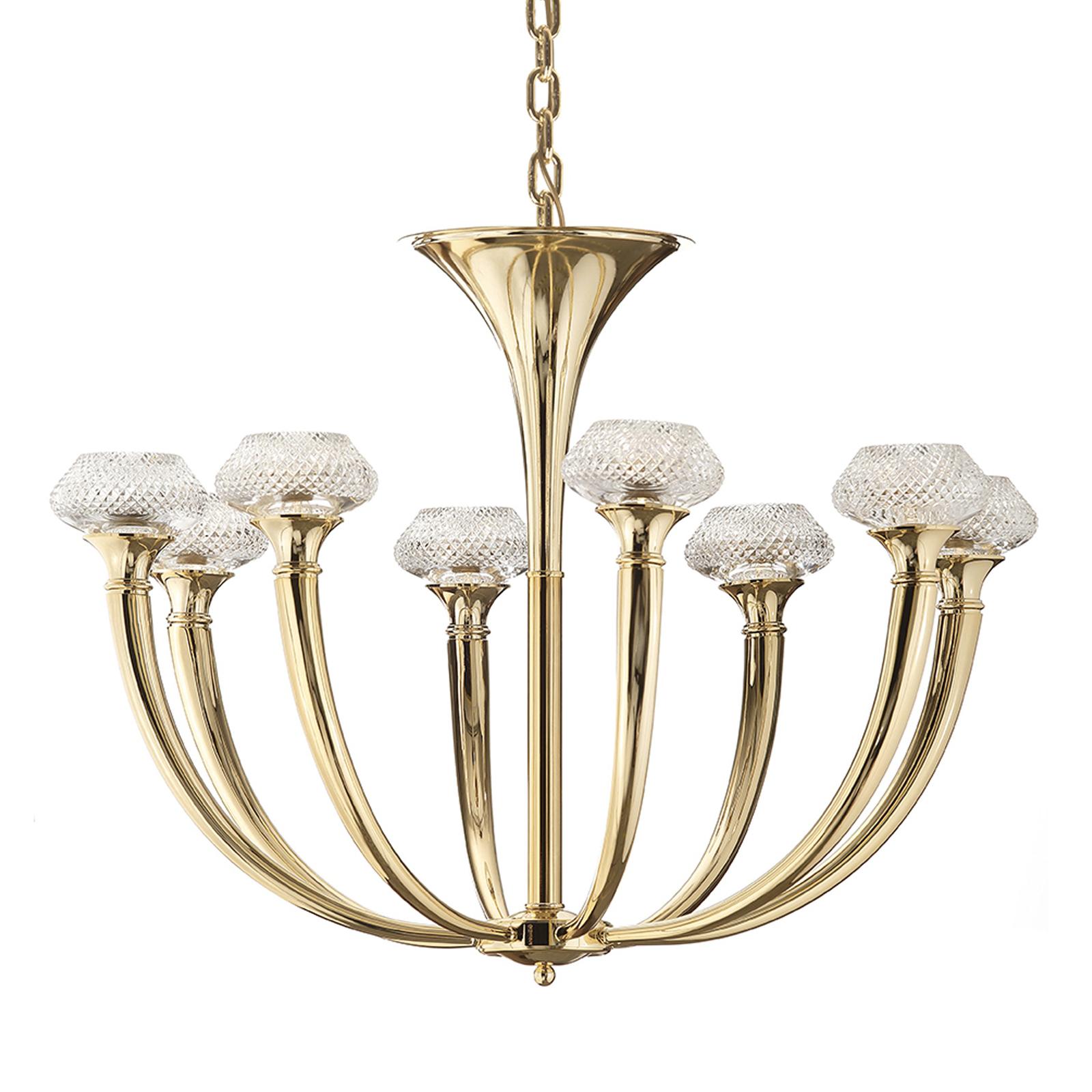This exquisite chandelier is part of the Art Deco collection, featuring superb pieces with a distinctive bold and sophisticated silhouette. Crafted by hand using noble materials and traditional methods, this piece combines two luxurious materials