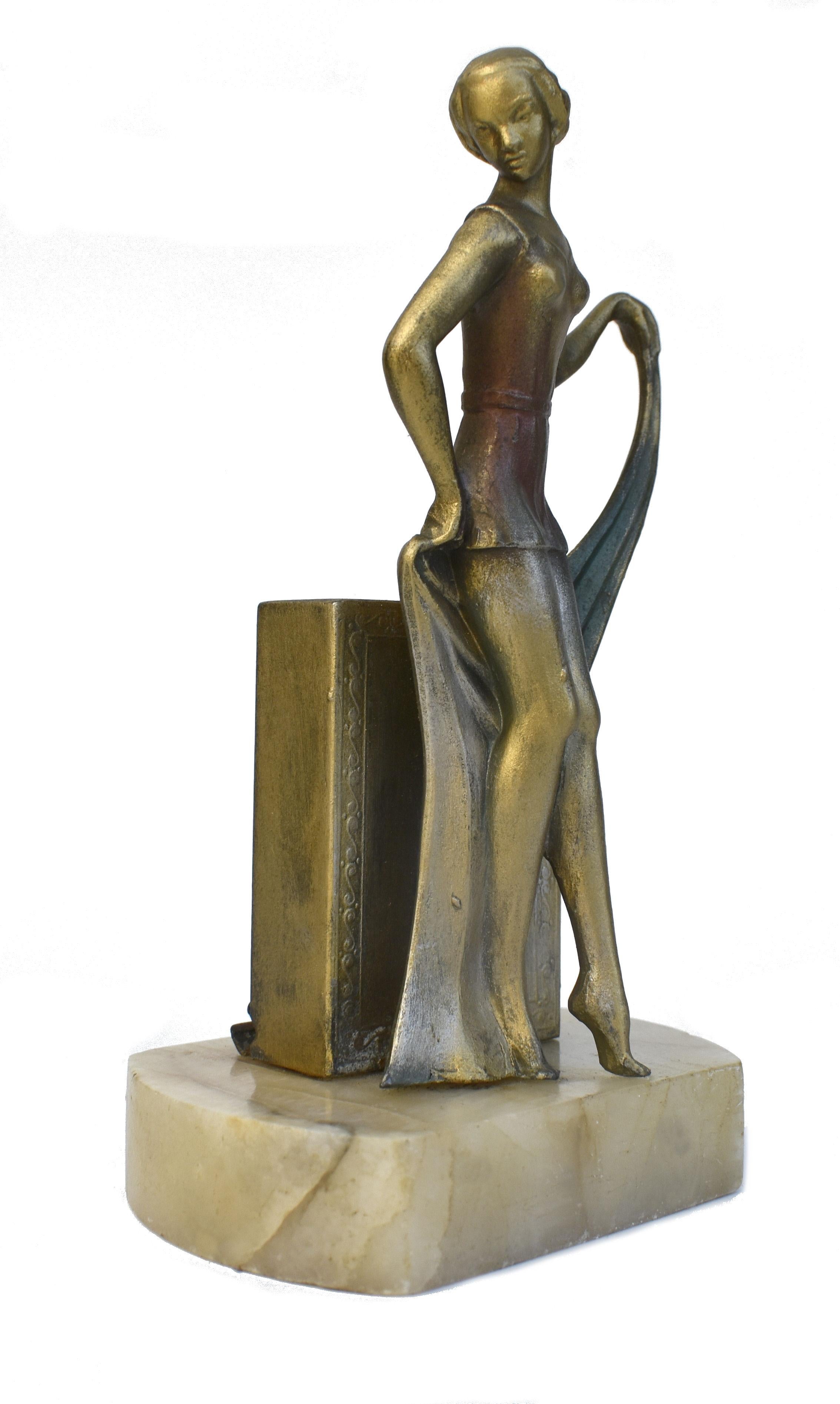Art Deco Small Spelter Female Table Lighter, C1930 In Good Condition For Sale In Devon, England