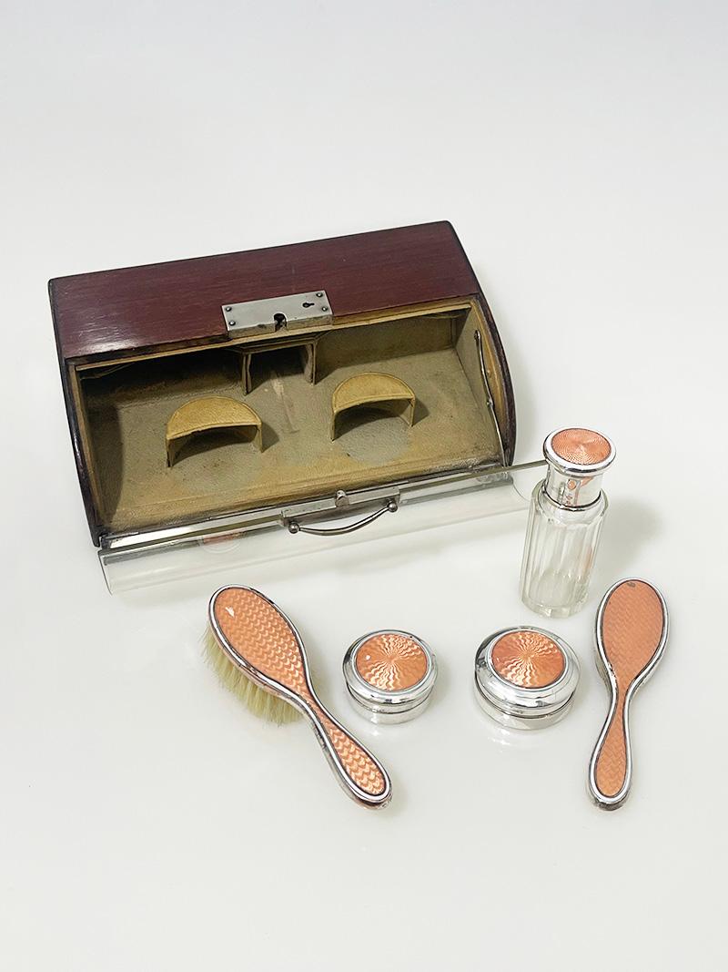 Silver Plate Art Deco small vanity guilloche dressing table set, 1920 For Sale