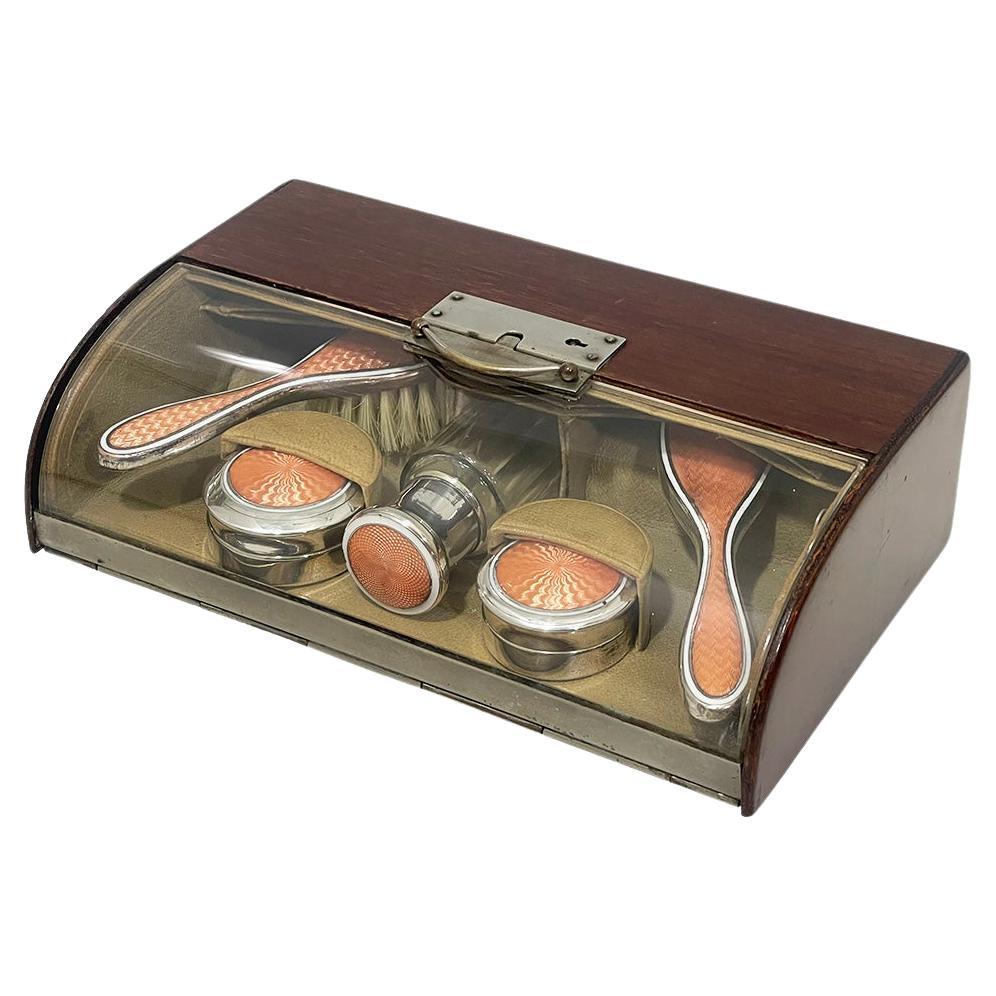 Art Deco small vanity guilloche dressing table set, 1920 For Sale