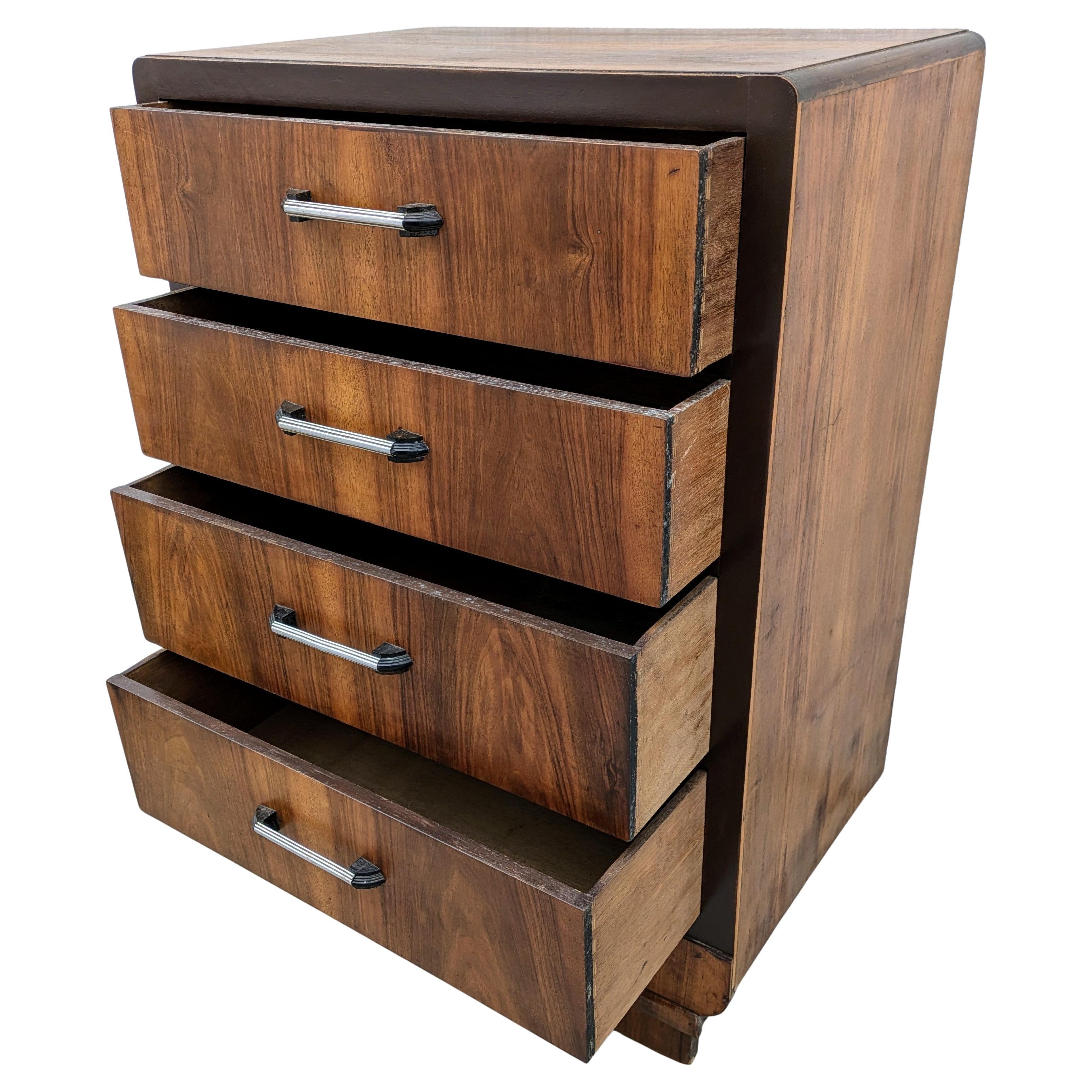 Metal Art Deco Small Walnut Chest Of Four Drawers, English c1930's For Sale