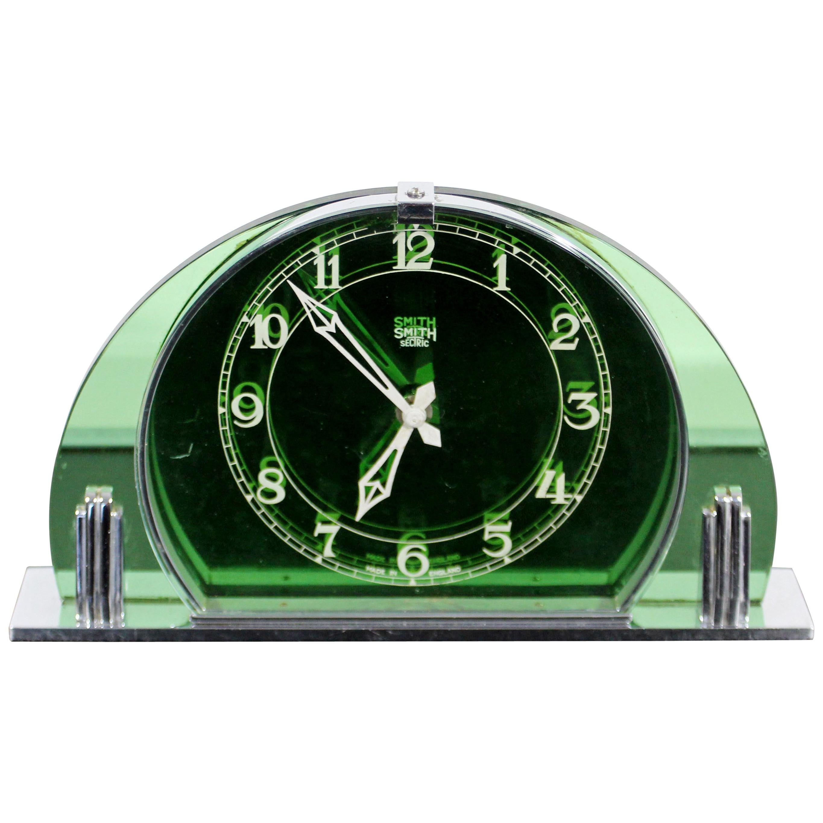 Art Deco Smith Sectric Green Glass and Chrome Mantle Shelf Clock Made in England