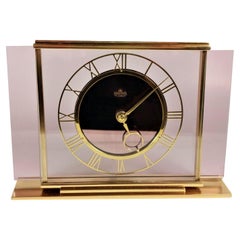 Art Deco Smiths 8 Day Pink Glass & Brass Mantel Clock, English, c1930