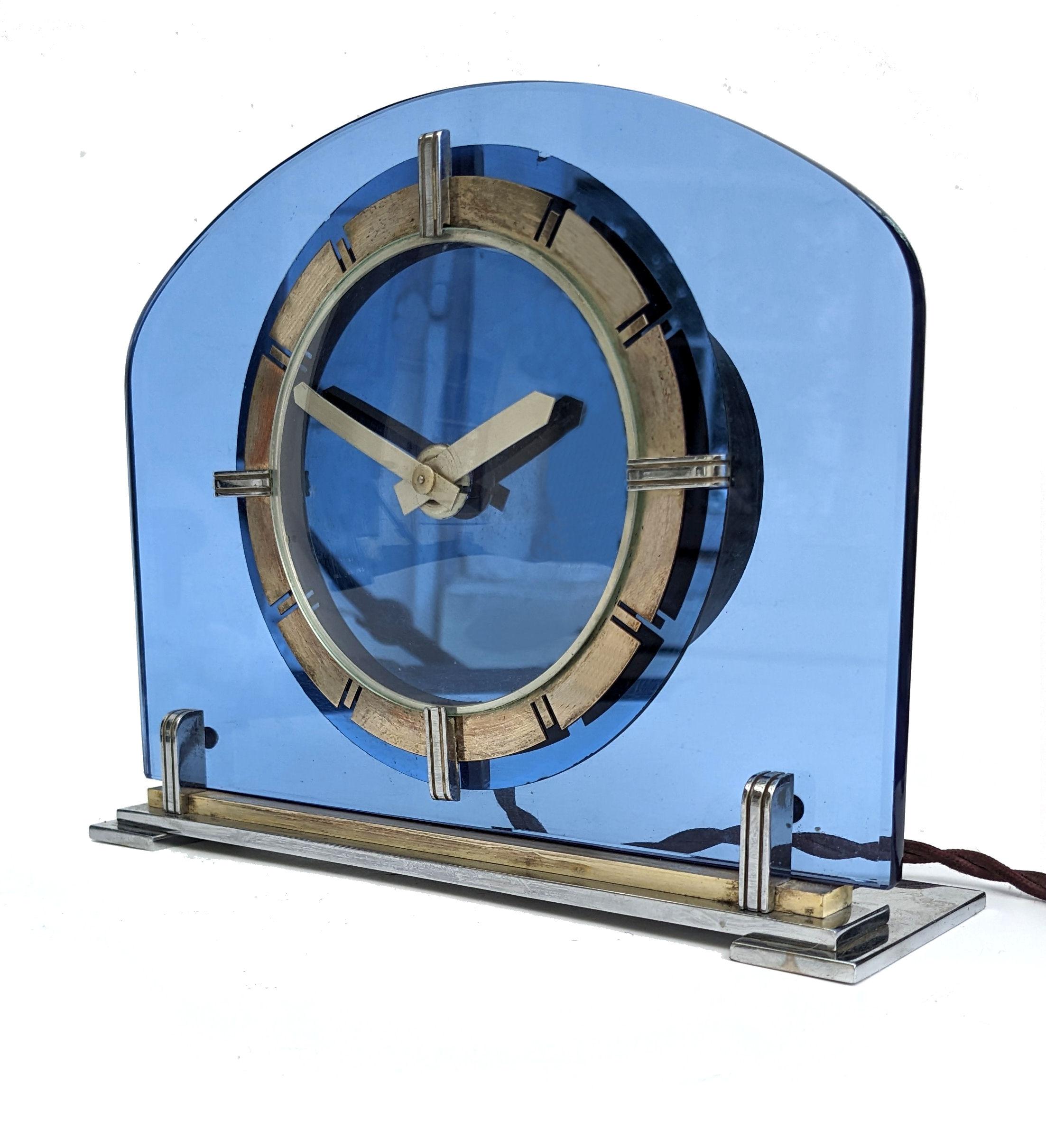 English Art Deco Smiths Blue Glass, Brass Electric Mantle Clock, c1930 For Sale