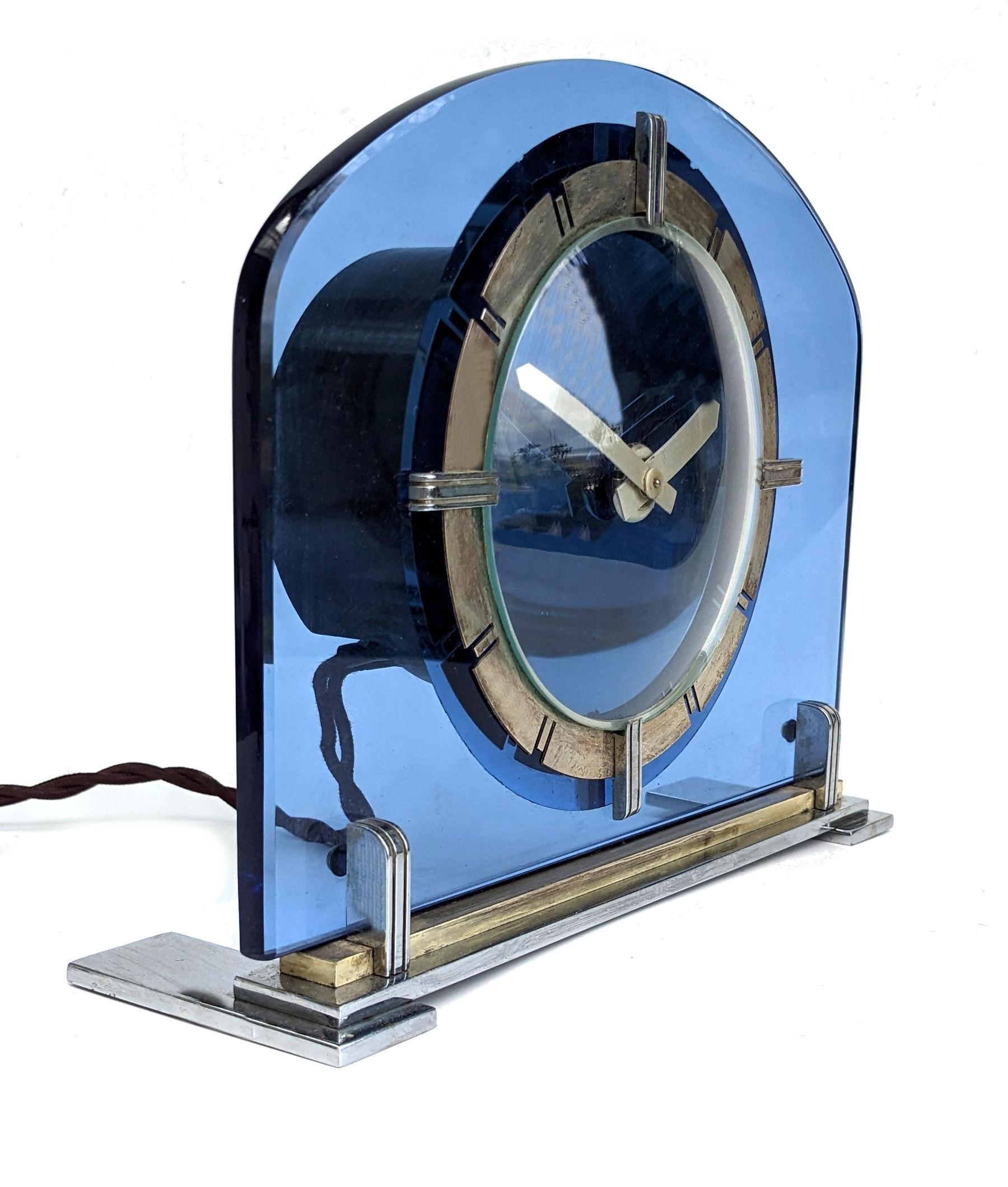 Art Deco Smiths Blue Glass, Brass Electric Mantle Clock, c1930 In Good Condition For Sale In Devon, England