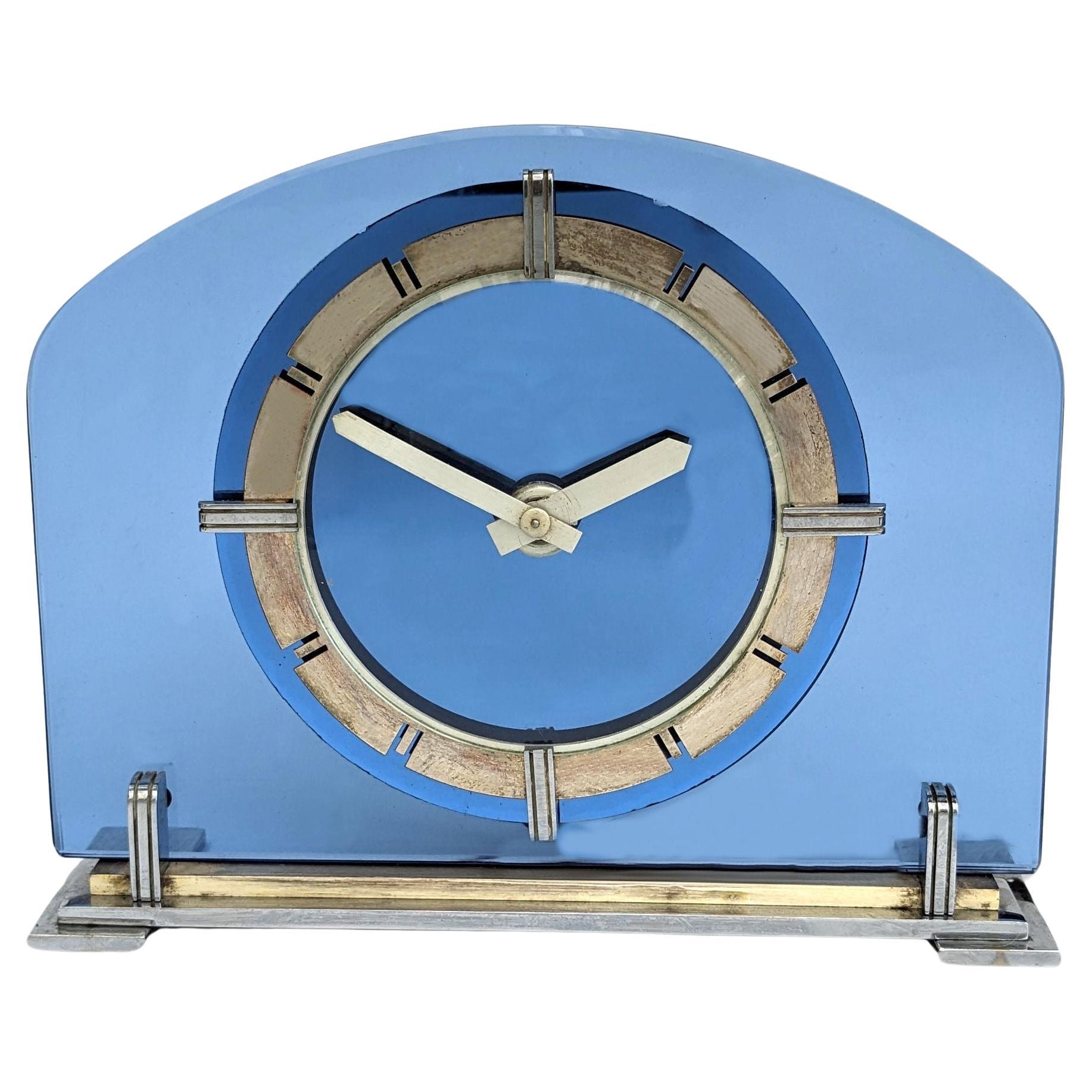 Art Deco Smiths Blue Glass, Brass Electric Mantle Clock, c1930 For Sale