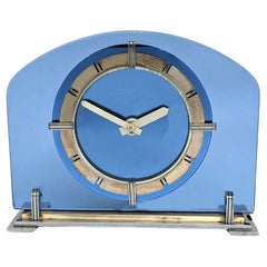 Art Deco Smiths Blue Glass, Brass Electric Mantle Clock, c1930