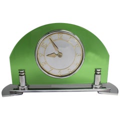 Vintage Art Deco Smiths English 8 Day Chrome and Green Glass Clock, circa 1930