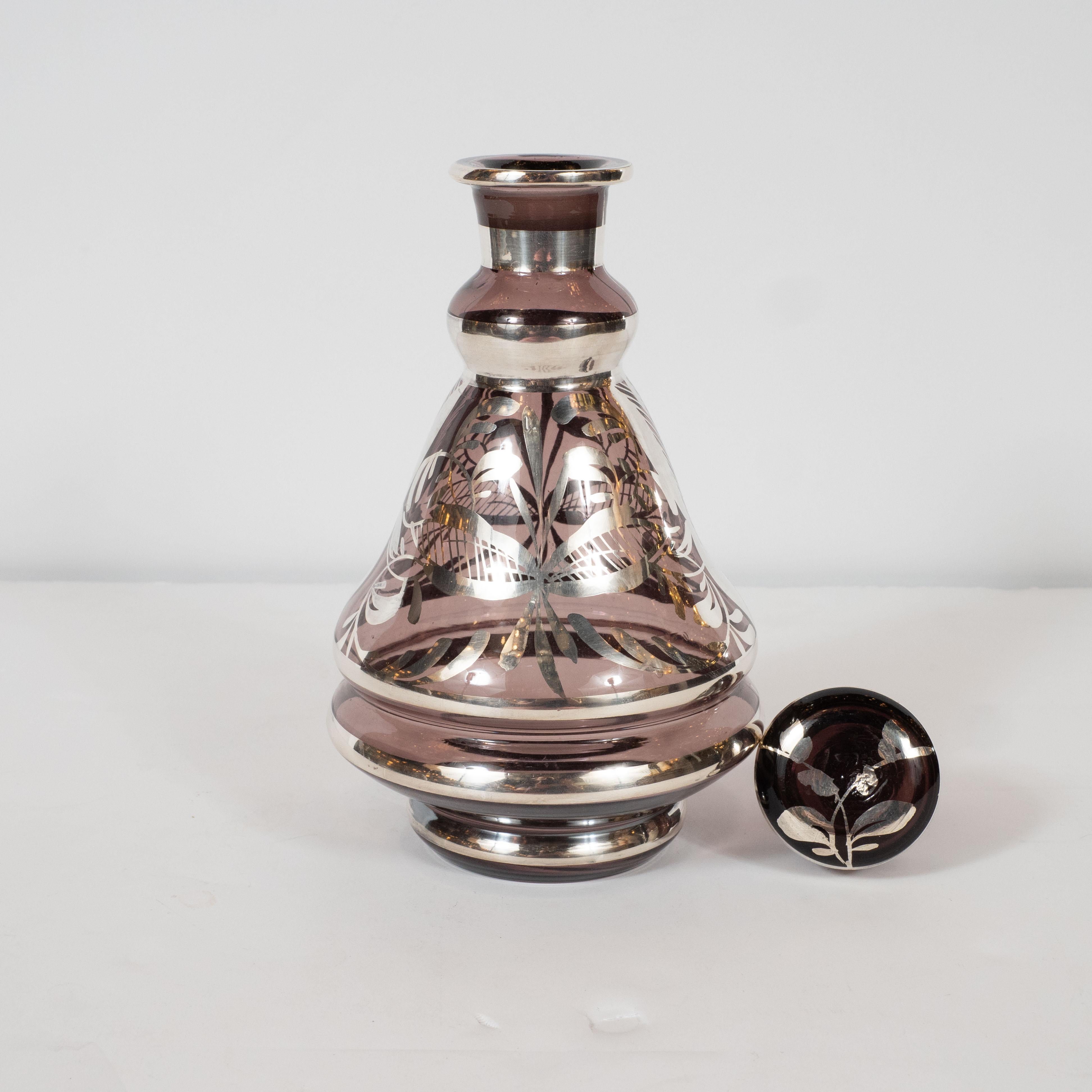Art Deco Smoked Amethyst Decanter with Stylized Sterling Silver Foliate Overlays For Sale 1