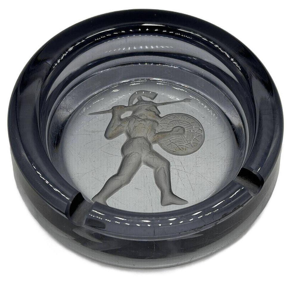 American Art Deco Smoked Blue Etched Art Glass Spartan Warrior Ashtray