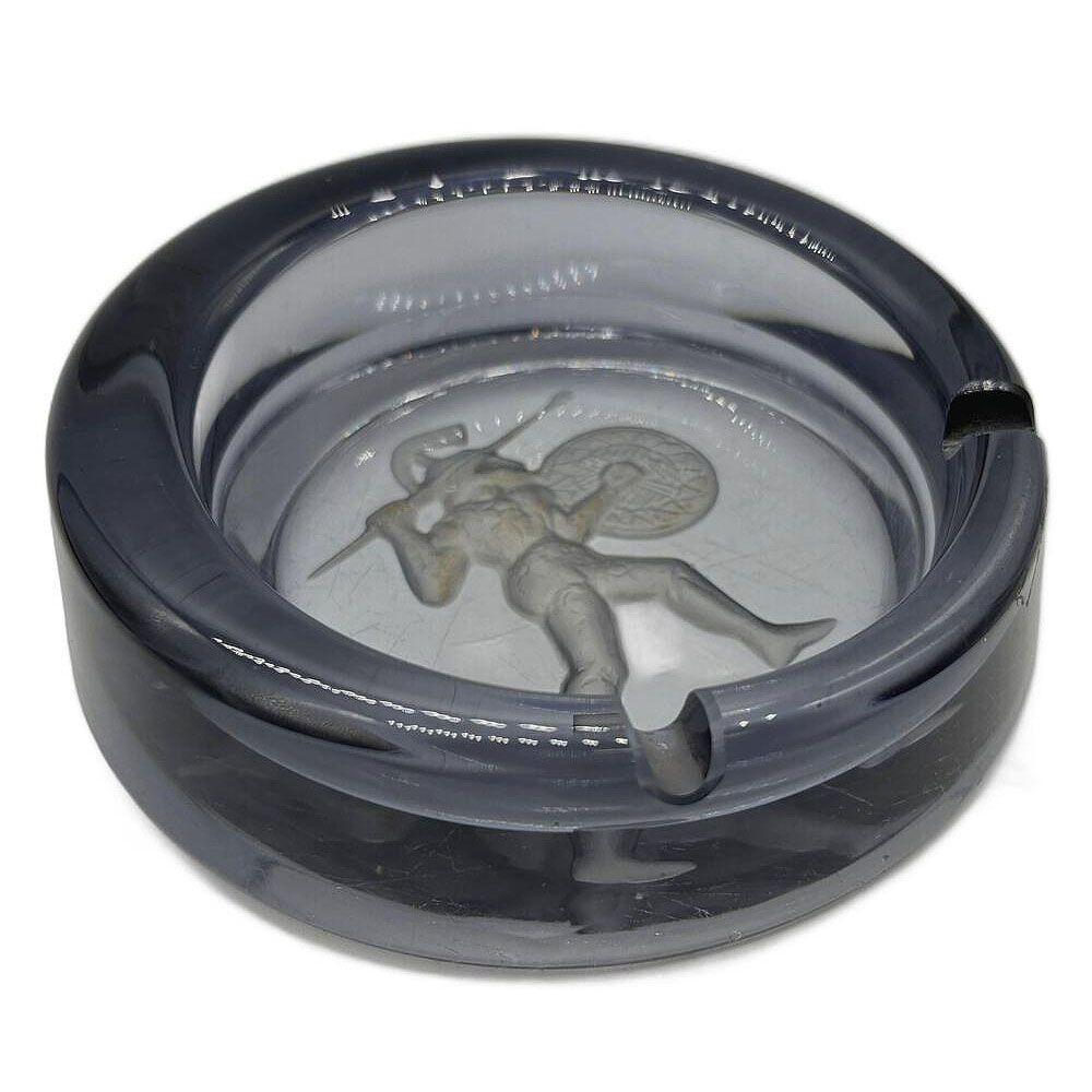 Art Deco Smoked Blue Etched Art Glass Spartan Warrior Ashtray In Good Condition In Van Nuys, CA