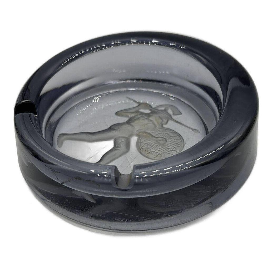 Mid-20th Century Art Deco Smoked Blue Etched Art Glass Spartan Warrior Ashtray