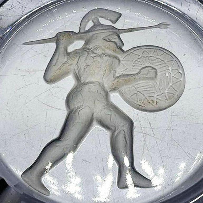 Art Deco Smoked Blue Etched Art Glass Spartan Warrior Ashtray 1