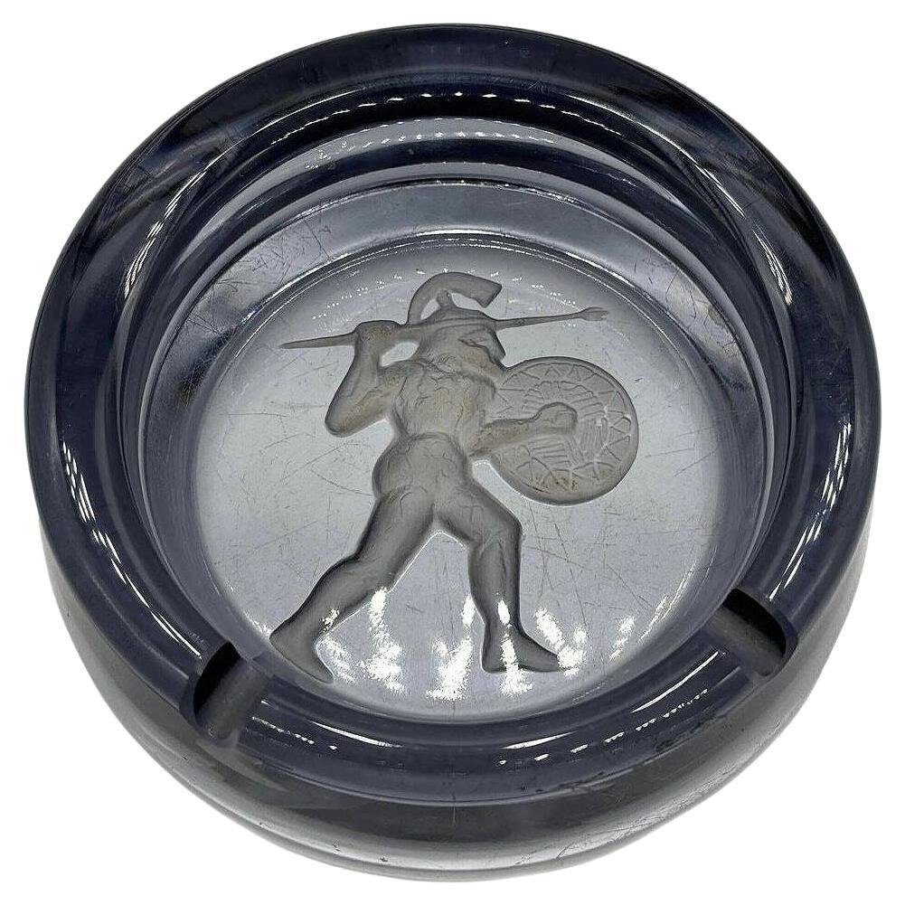 Art Deco Smoked Blue Etched Art Glass Spartan Warrior Ashtray