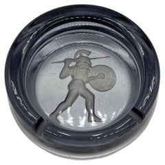 Art Deco Smoked Blue Etched Art Glass Spartan Warrior Ashtray